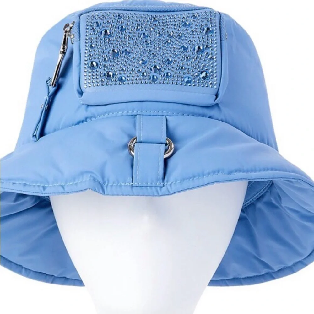 Cute bejeweled bling Blue Puffer‎ Bucket Hat with zippered pocket new
